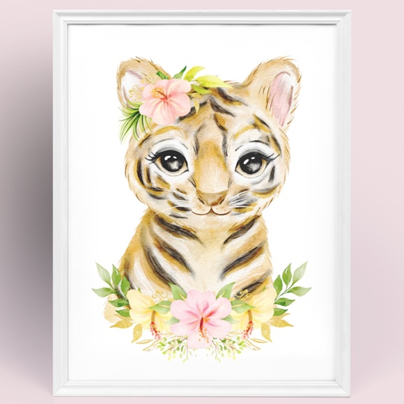 Other - Cute Watercolor Floral Tiger Wall Art Print Poster Unframed